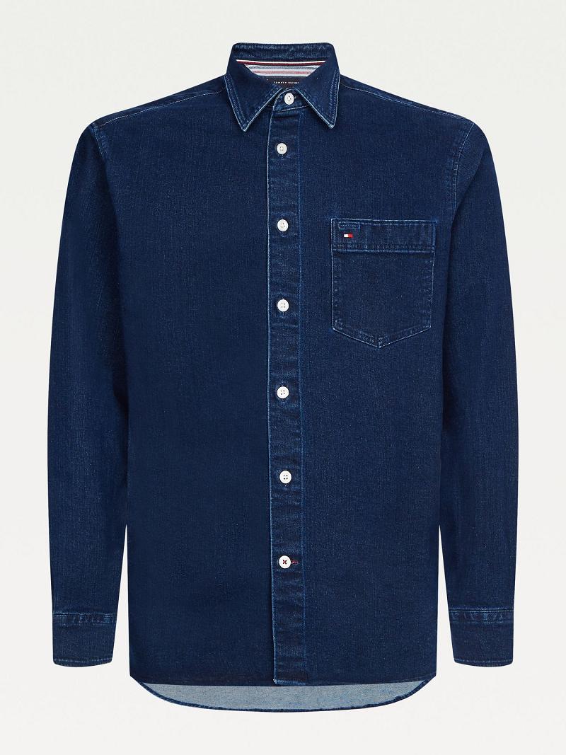 Férfi Tommy Hilfiger Indigo denim overshirt Ingek Sötétkék | HU 1044OKI